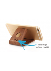 Support smartphone personnalisé bois foncé gravé